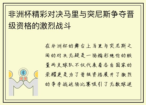 非洲杯精彩对决马里与突尼斯争夺晋级资格的激烈战斗